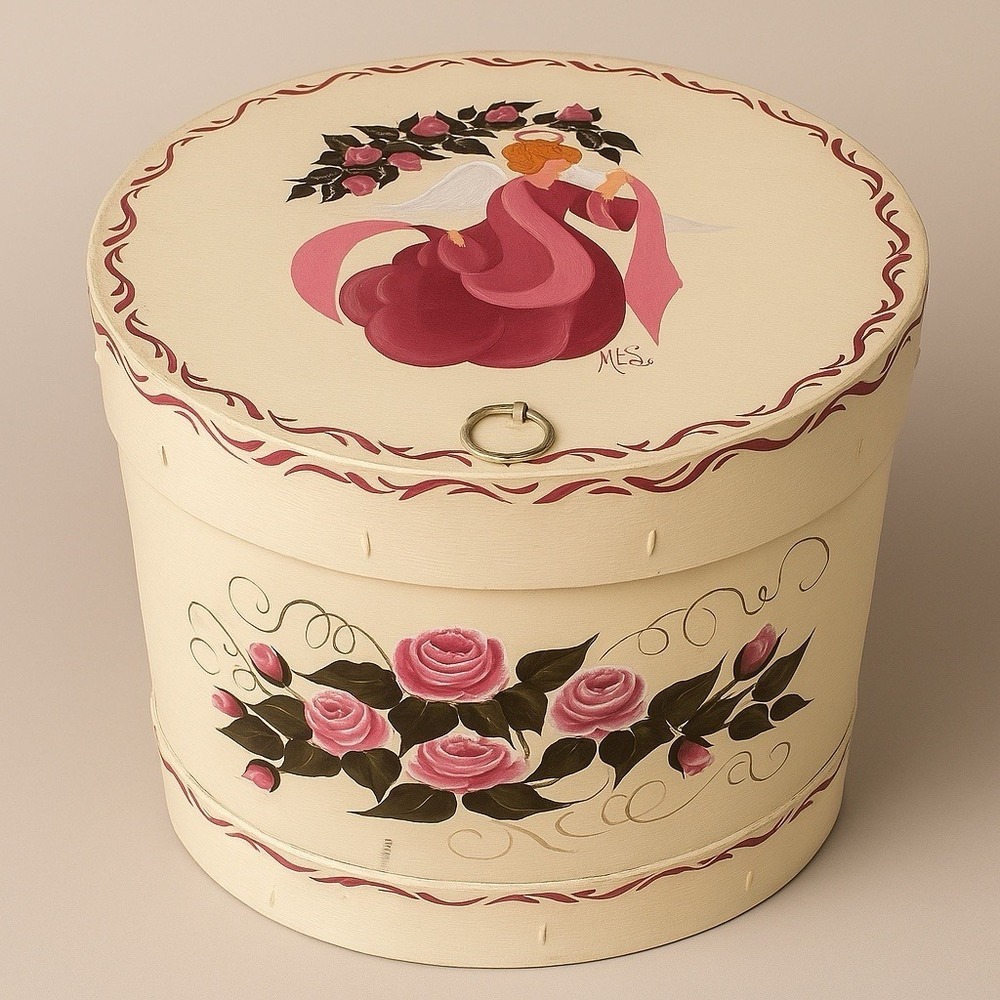 VTG Hand Painted Wooden Storage Box With Angel & Roses Design Sz 12X11"